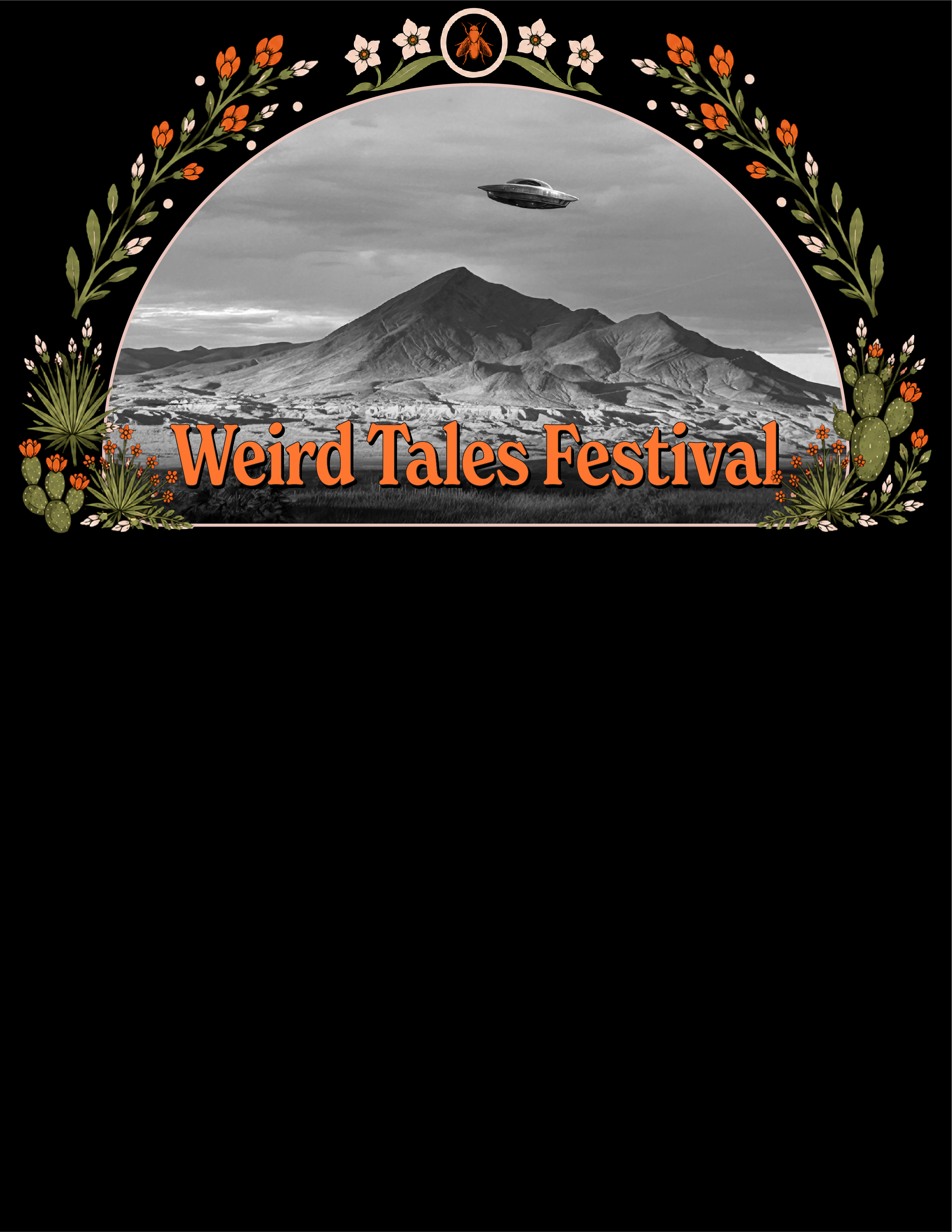 Floral desert frame with a flying saucer above a mountain landscape
