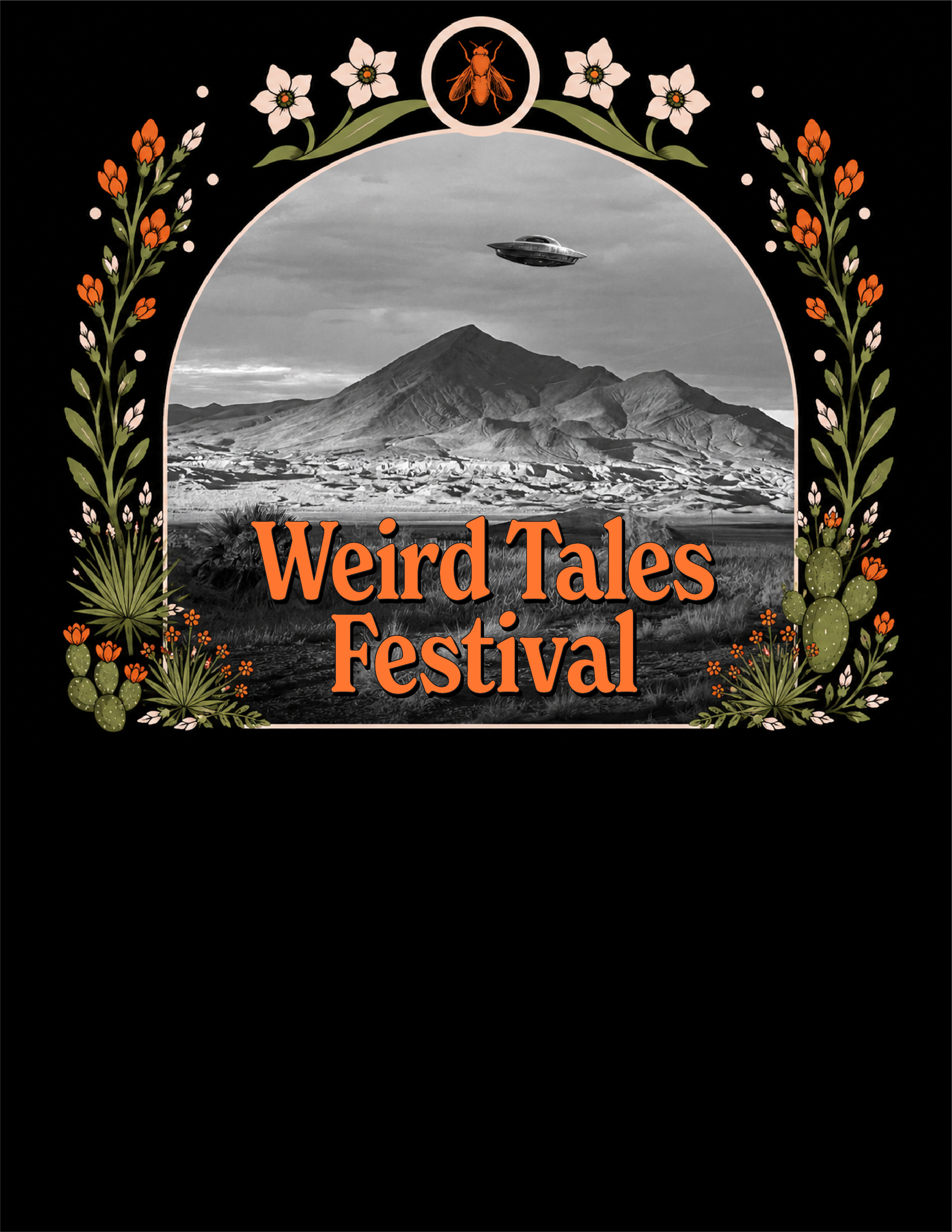 Vintage Weird Tales Festival illustration with desert flowers