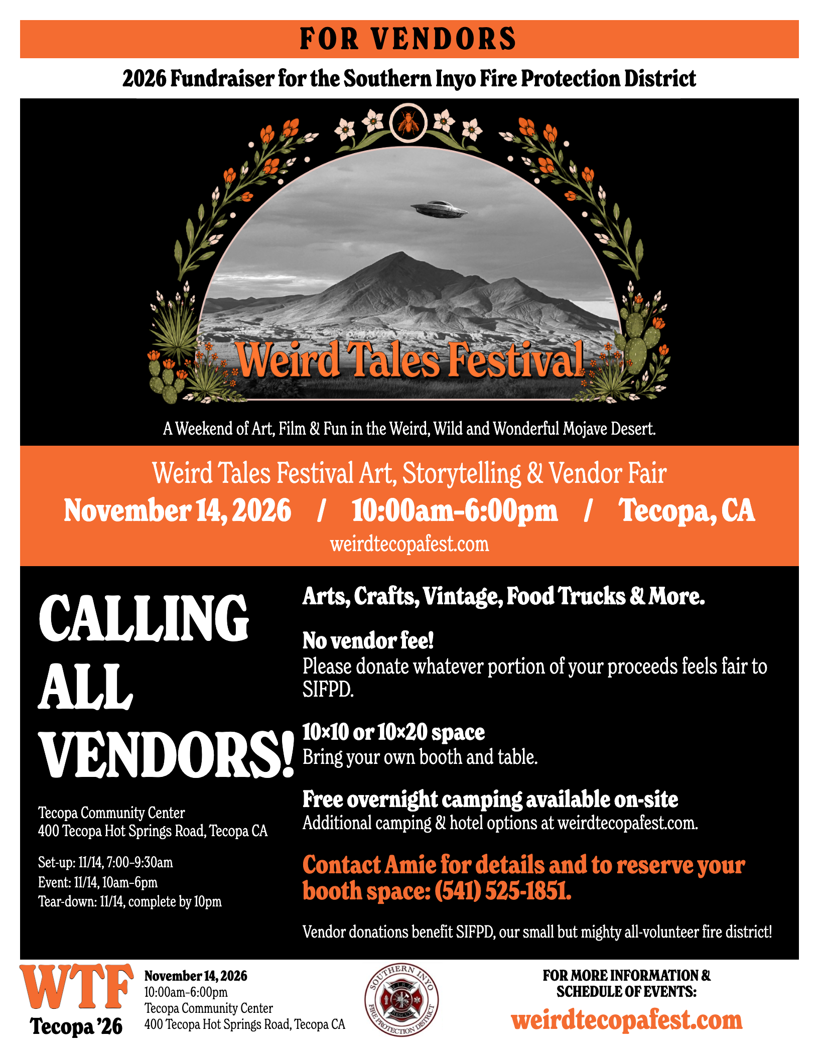 Vendor flyer for the Weird Tales Festival Art, Storytelling and Vendor Fair, November 14, 2026, in Tecopa, California